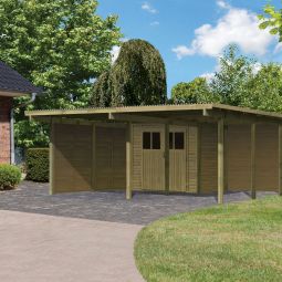 Karibu Doppelcarport ECO mit Abstellraum und Wänden Unterstanden verschiedene Größen, kesseldruckimprägniert, Pfostenstärke 90x90mm