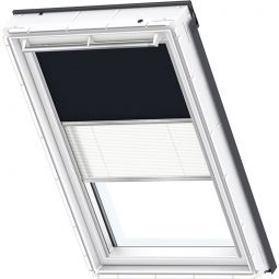 VELUX Verdunkelung Plus DFD Manuell Uni Dunkelblau/Weiß 1100 Verunkelungsrollo und Faltstore, flexibler Wechsel zwischen Lichtschutz und Sichtschutz, für verschiedene VELUX-Dachfenster geeignet