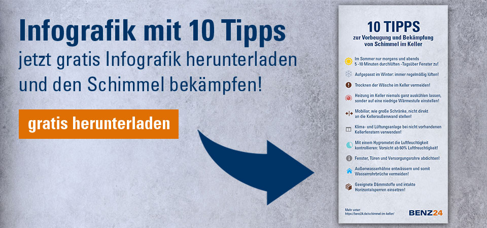 Infografik mit 10 Tipps über die Schimmelbekämpfung im Keller herunterladen